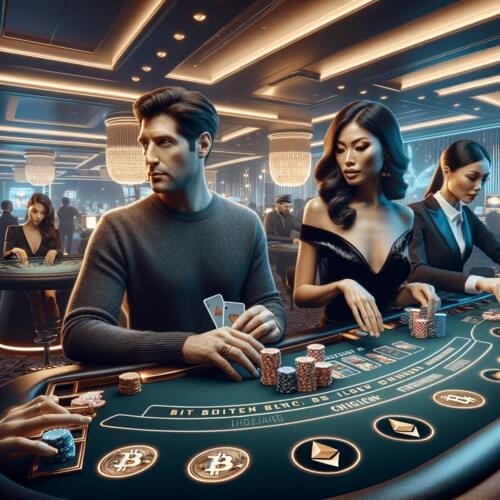Man en vrouw die poker spelen met bitcoins als inleg