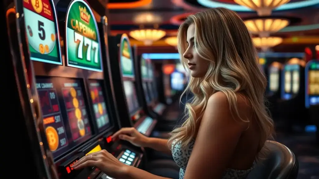 vrouw speelt met crypto op een grote gokkast in een casino