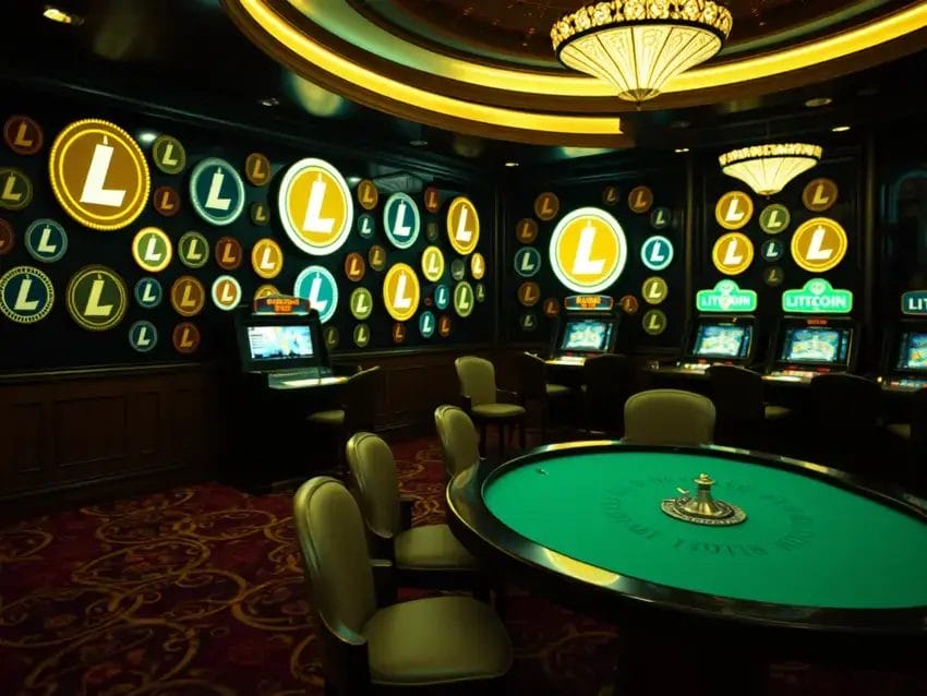 casinotafel in omgeving casino met litecoin logos aan de muur