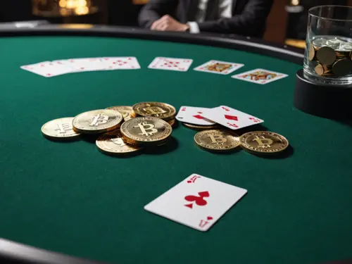 bitcoins op een pokertafel samen met kaarten.
