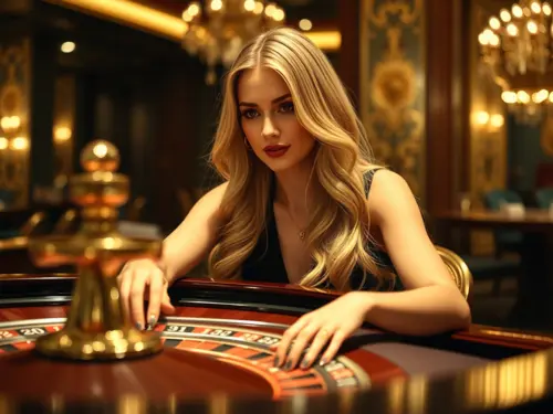 vrouw die met haar crypto aan een roulettetafel zit.